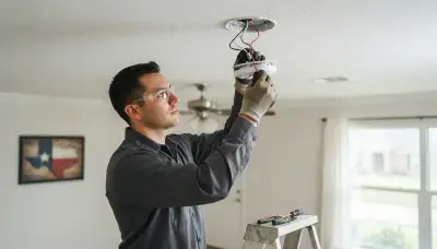 Electrician wiring an interconnected smoke detector during installation in a Houston, TX home