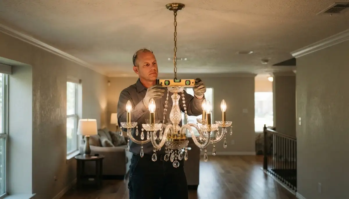 Houston, TX electrician uses a spirit level to verify chandelier alignment and dimmer operation