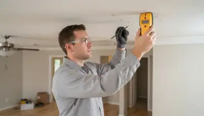 Houston, TX electrician uses a stud finder to mark ceiling locations for lighting fixture installation