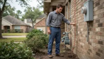 Electrician traces grounding conductor to ground rod during lightning surge assessment in Houston, TX
