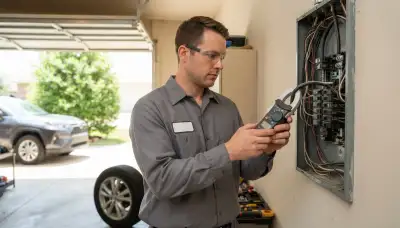 Houston, TX electrician using a clamp meter at an electrical panel for EV charger load calculation