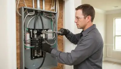 Houston electrician terminating feeder conductors in a new electrical load center with a torque wrench