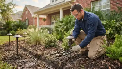 Houston, TX electrician secures a low-voltage landscape lighting fixture and buried cable in garden soil.