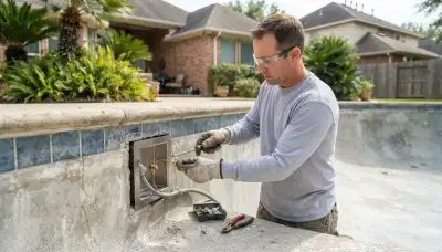 Houston, TX electrician secures a replacement pool light fixture and verifies the niche bonding conductor