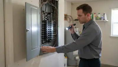 Houston, TX electrician inspecting a home electrical panel and breaker connections during a safety inspection