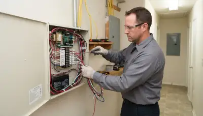 Houston, TX technician wiring fire alarm zones at a control panel for a multi-story home