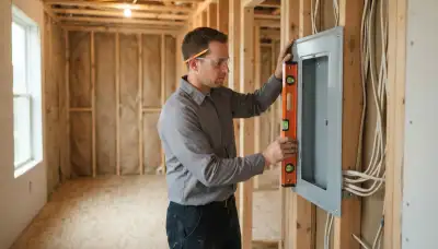 Licensed Houston electrician leveling an electrical panel enclosure against wall studs during residential rough-in in...
