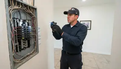 Houston, TX electrician inspects an open electrical panel for whole-home surge protection installation