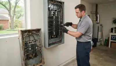 Electrician upgrading an older home's electrical panel to 200 amps in Bellaire, TX