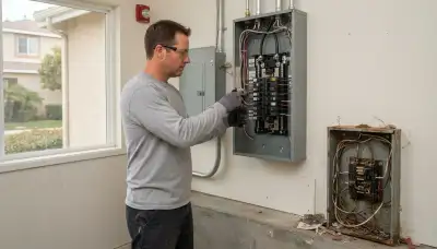 Electrician upgrading an electrical panel in an older Cypress, TX home