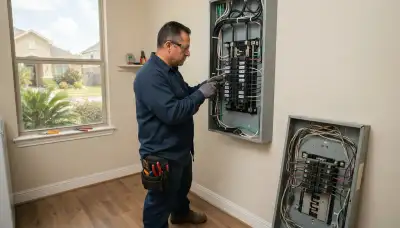 Electrician upgrading an electrical panel in an older Deer Park, TX home