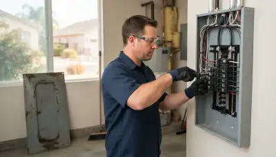 Electrician upgrading an electrical panel in an older Houston, TX home