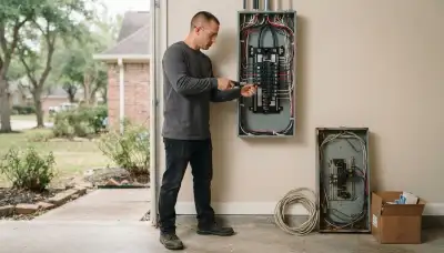 Electrician upgrading an electrical panel in an older Humble, TX home