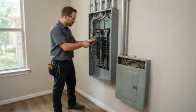 Electrician upgrading an older home's electrical panel to 200-amp service in Kingwood, Houston, TX