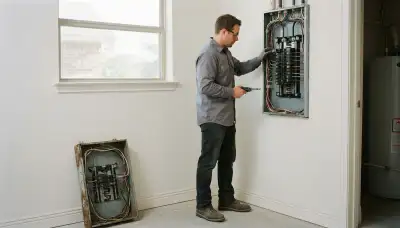 Electrician upgrading an older home's electrical panel in Manvel, TX