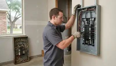 Electrician upgrading an older home's electrical panel from 100 to 200 amps in Missouri City, TX