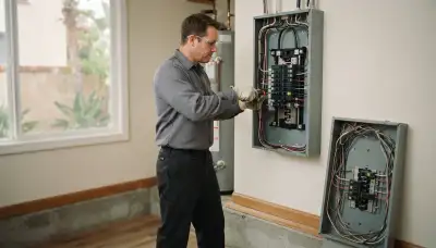 Electrician upgrading an electrical panel in an older Pasadena, TX home