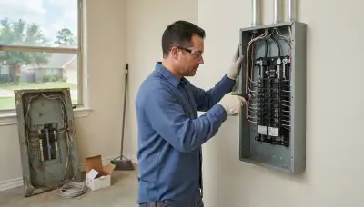 Electrician upgrading an electrical panel in an older Pearland, TX home
