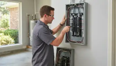 Electrician upgrading an electrical panel in an older Piney Point Village, TX home