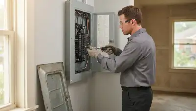 Electrician upgrading an electrical panel in an older South Houston, TX home