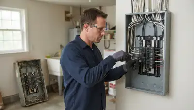 Electrician upgrading an outdated electrical panel in an older Stafford, TX home