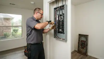 Electrician upgrading an electrical panel in an older Sugar Land, TX home
