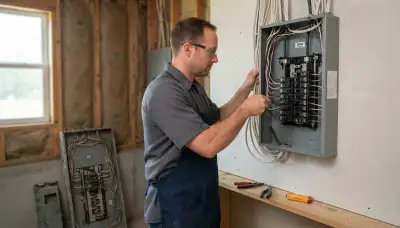 Electrician upgrading an electrical panel in an older Thompsons, TX home for reliable power.