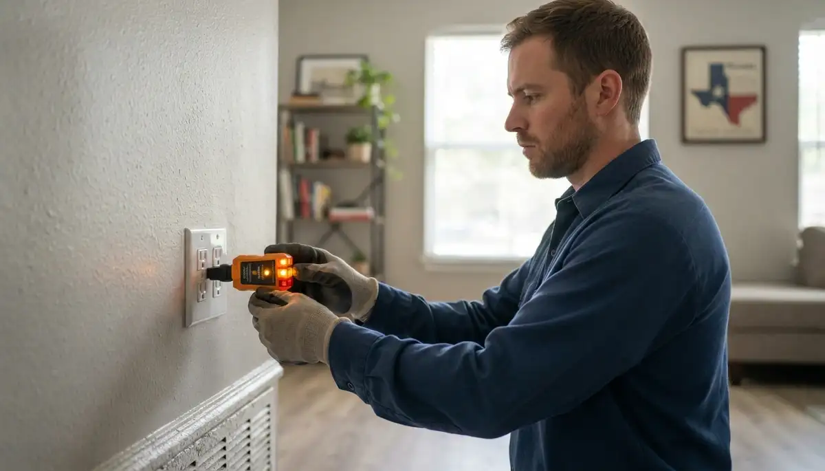 Houston, TX electrician tests repaired outlet polarity and grounding with a circuit tester