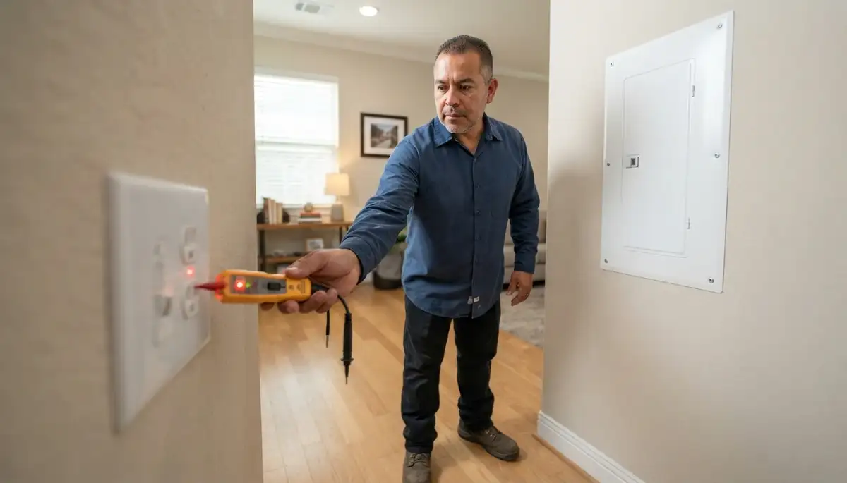 Houston, TX electrician tests a restored receptacle with a voltage tester after electrical repair