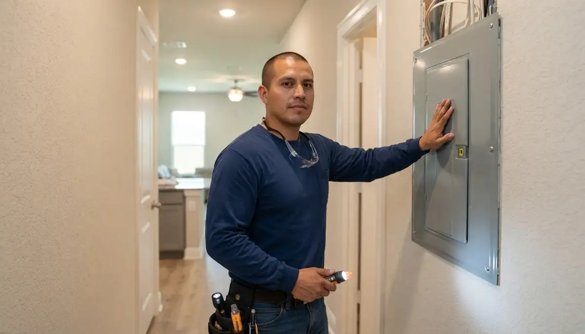 Houston electrician verifies a completed electrical panel installation during a final code-compliance walkthrough