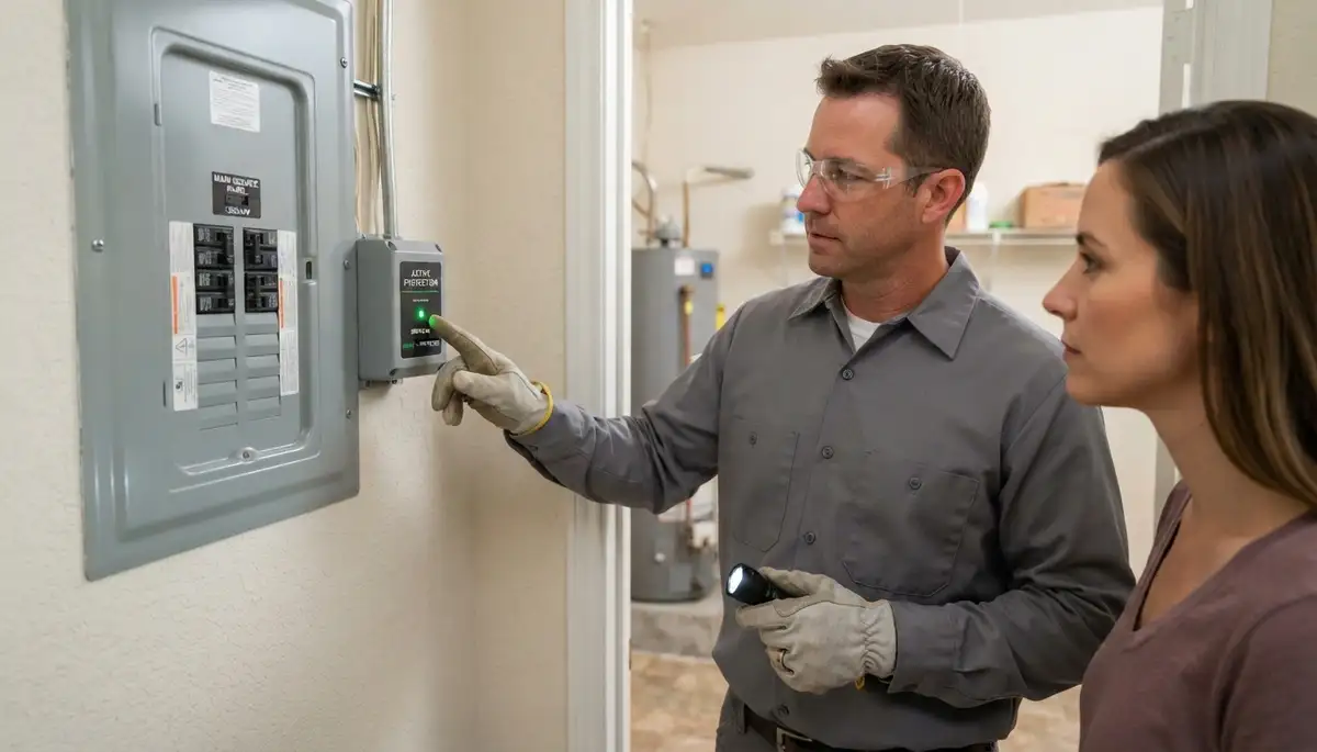Houston, TX electrician points to whole-home surge protector status indicator
