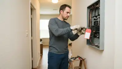 Houston, TX electrician repairs a residential circuit using lockout safety procedures, gloves, and a screwdriver