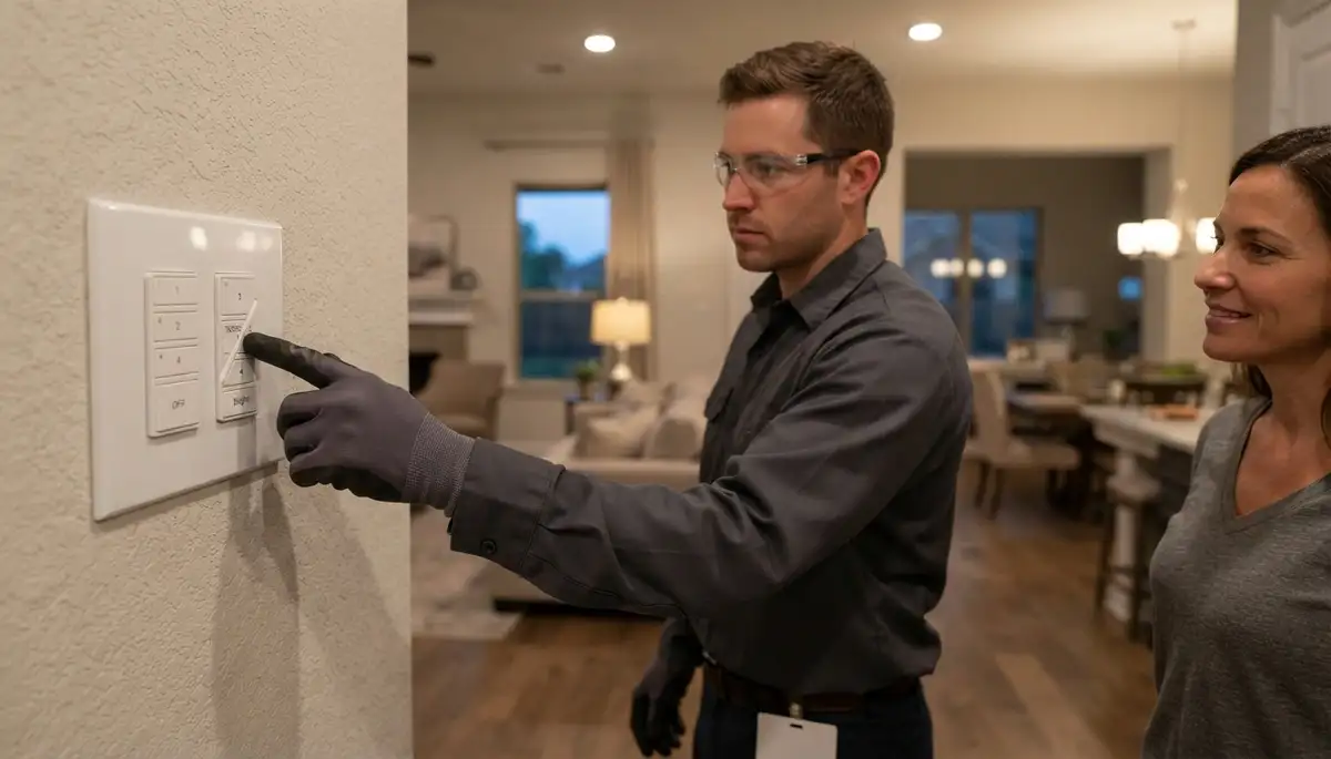 Houston, TX electrician verifies programmable lighting scenes with homeowner, adjusting brightness and scene controls
