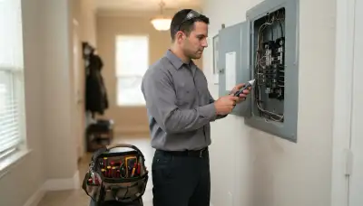Houston electrician diagnoses an open electrical panel with a voltage tester during a home service call