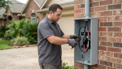 Electrician terminating heavy service conductors in a new meter base in Houston, TX