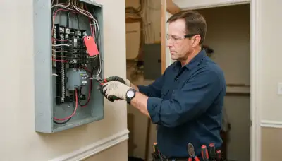 Electrician installing a whole-home surge protector at an electrical panel in Houston, TX
