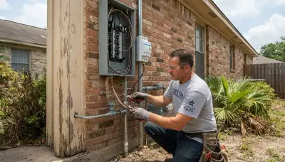Houston, TX electrician installing bonding jumpers and surge protection at a home's electrical service entrance