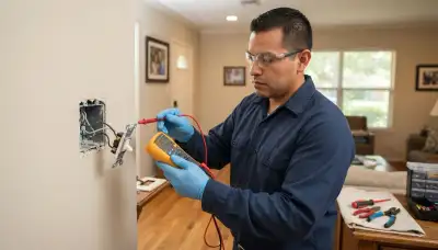 Houston, TX electrician testing a failing wall switch with a multimeter for switch repair and wiring diagnosis