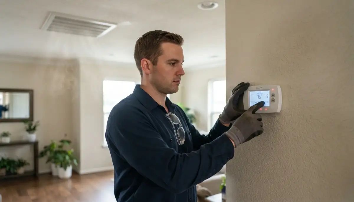 Technician tests a newly installed thermostat’s heating and cooling cycles in a Houston, TX home