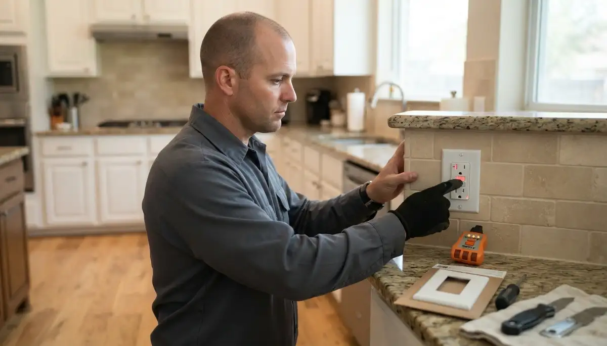 Houston, TX electrician tests a newly installed GFCI outlet by pressing the test button to verify power shuts off