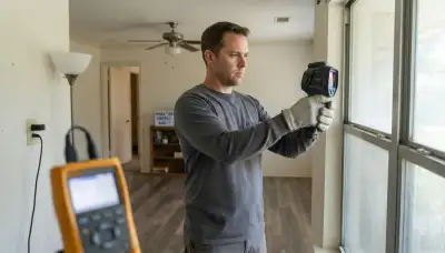 Houston, TX electrician using thermal camera to scan window heat loss during a home energy audit and load test