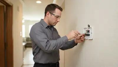 Electrician levels and wires a new thermostat base in a Houston, TX home