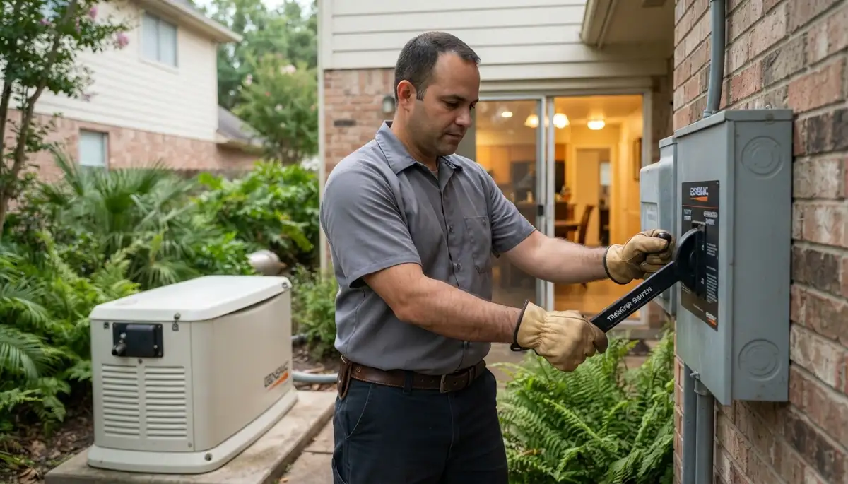 Houston, TX electrician tests a generator transfer switch under load with interior lights on.