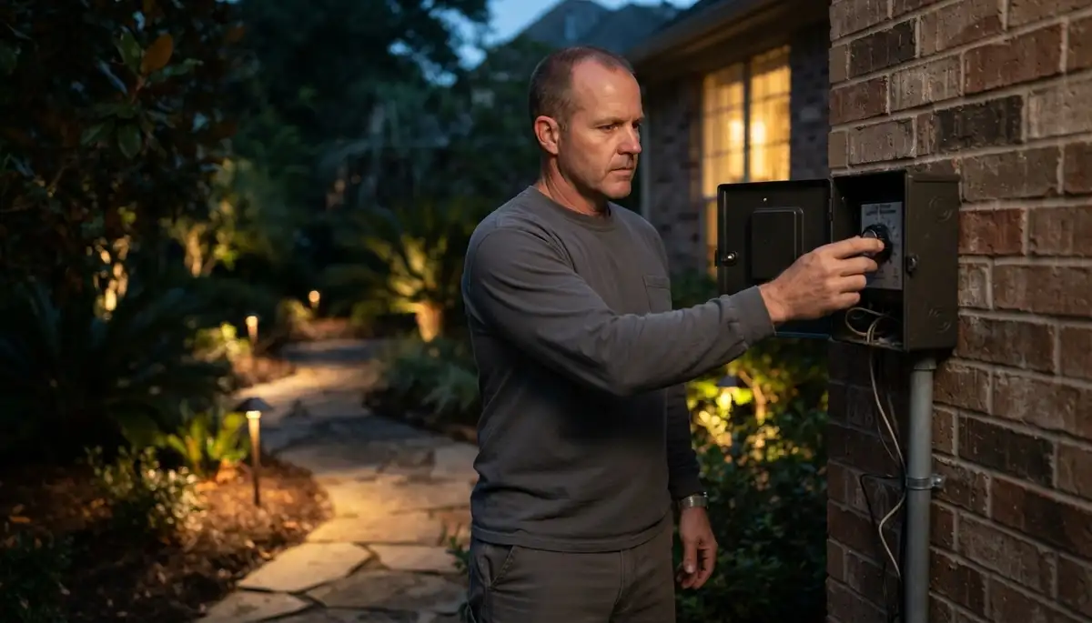 Houston, TX electrician adjusts landscape lighting transformer timer while checking illuminated path lights at night