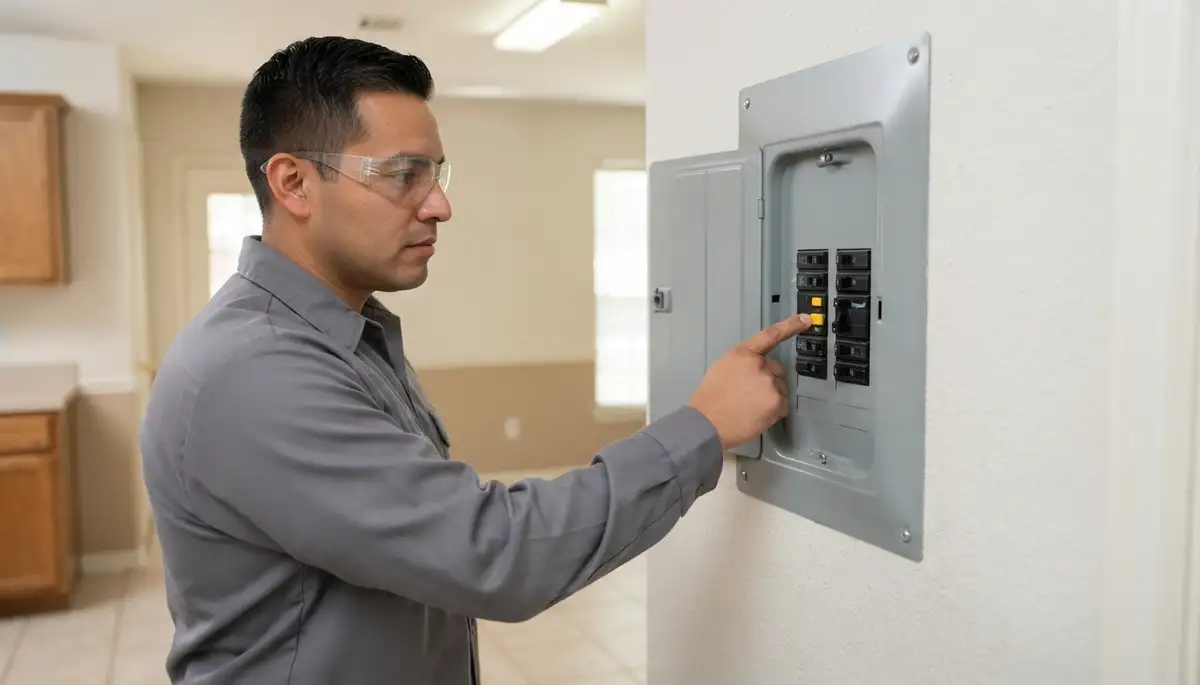 Houston, TX electrician pressing a GFCI breaker test button to verify circuit protection trips safely