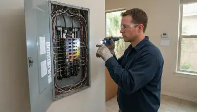 Electrician performing a whole-home electrical inspection in Cypress, TX