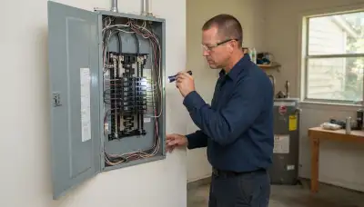 Electrician inspecting an electrical panel during a whole-home inspection in Galena Park, TX