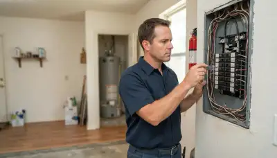 Houston, TX electrician uses a voltage tester to inspect an open electrical panel during a whole-home assessment