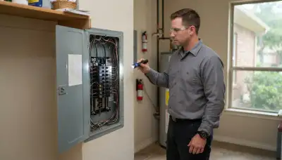 Electrician performing a whole-home electrical inspection in Kingwood, TX, checking wiring and breakers