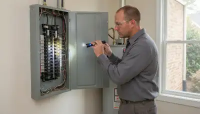 Electrician performing a whole-home electrical inspection in Stafford, TX